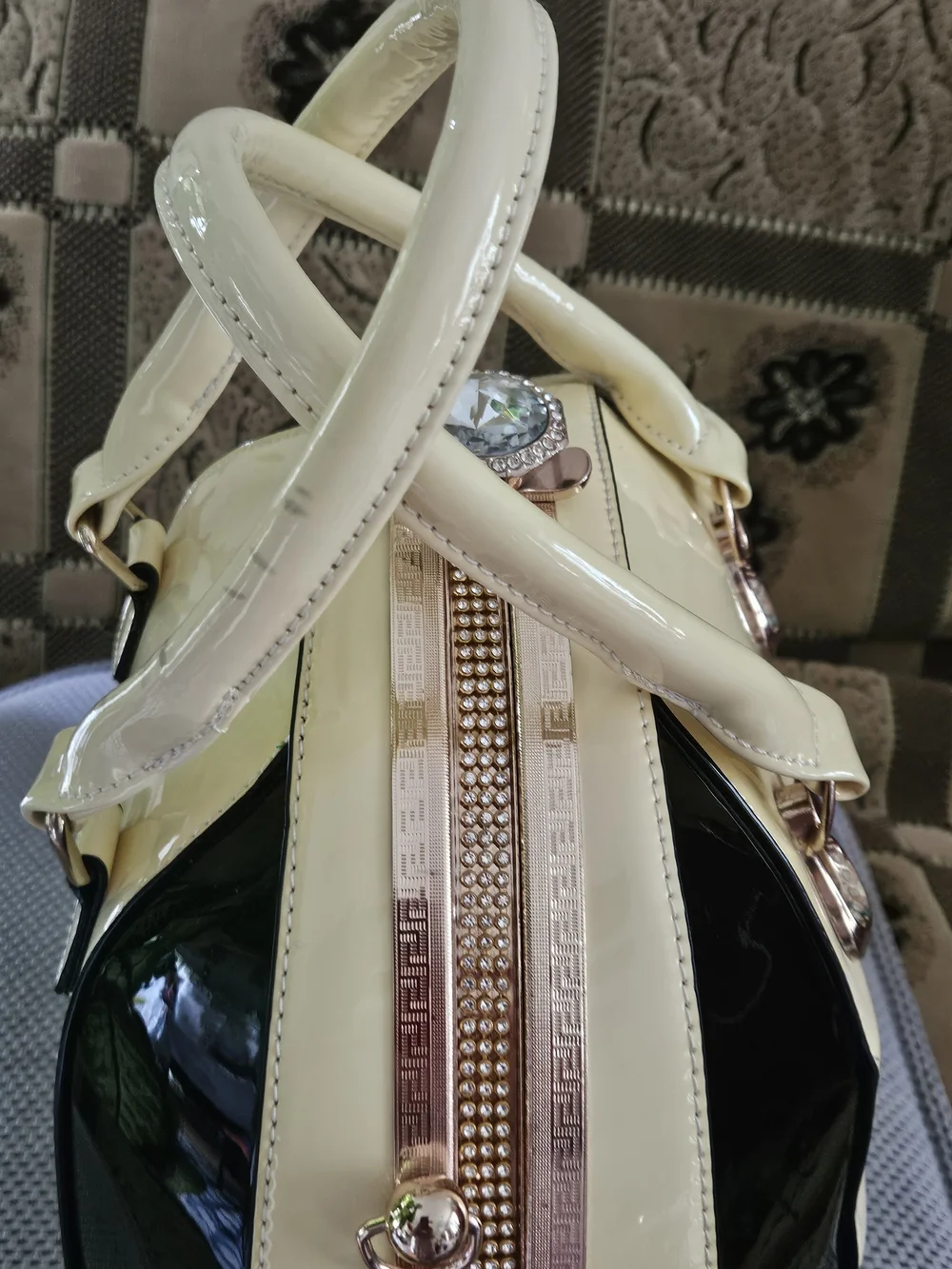 Elegant Patent Handbag With Crystal Clasp